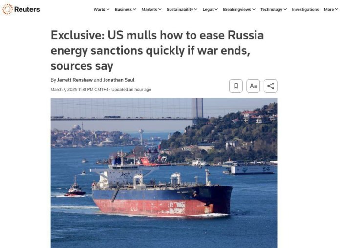 AQSh Rossiyaning energetika sohasiga qo‘yilgan sanksiyalarni yumshatishni ko‘rib chiqmoqda – Reuters