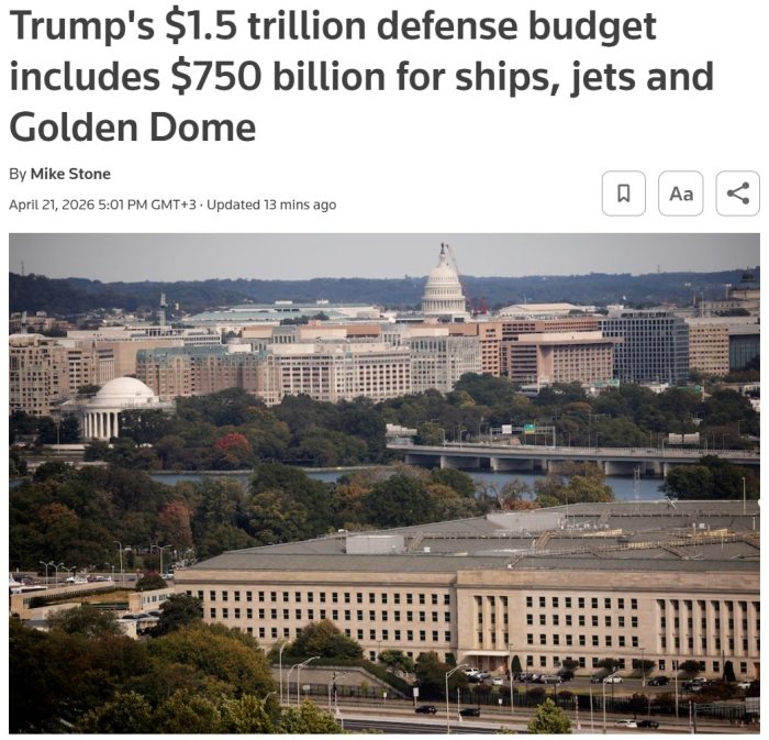 Tramp AQSh uchun rekord darajada — 1,5 trillion dollarlik mudofaa byudjeti so‘radi, — Reuters.