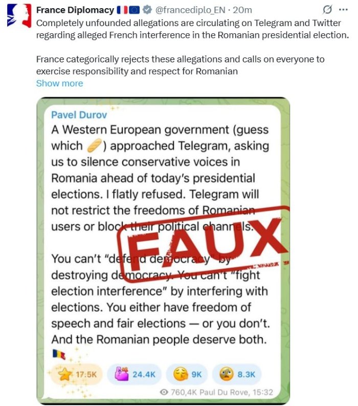 Telegram asoschisining da’volariga javoban Fransiya o‘z pozisiyasini bildirdi