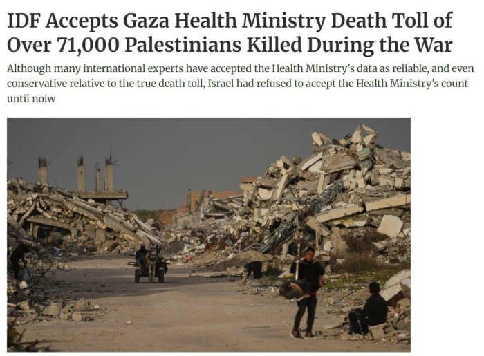 Исроил мудофаа армияси Ғазода уруш бошланганидан бери тахминан 71 минг фаластинлик ҳалок бўлганини илк бор тан олди