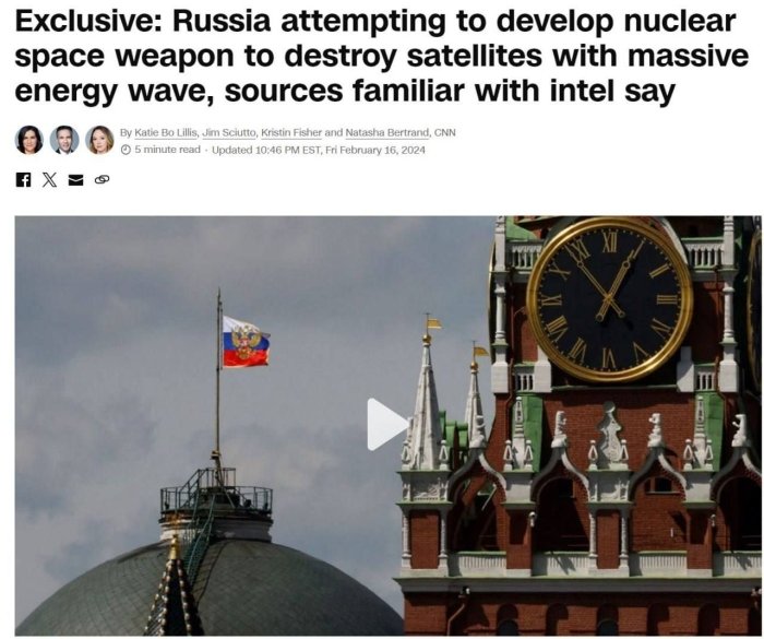 Rossiya ko‘p sonli sun’iy yo‘ldoshlarni o‘chirib qo‘yadigan "yadroviy kosmik qurol"ni ishlab chiqmoqda — CNN