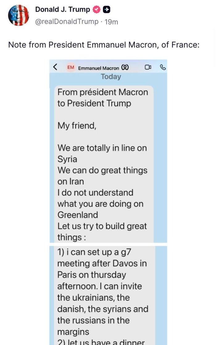 Трамп ўзининг Truth Social саҳифасида Макрондан келган хабарни жамоатчиликка эълон қилди