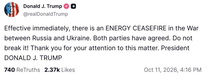 Трамп Россия ва Украина энергетик сулҳга келишганини маълум қилди