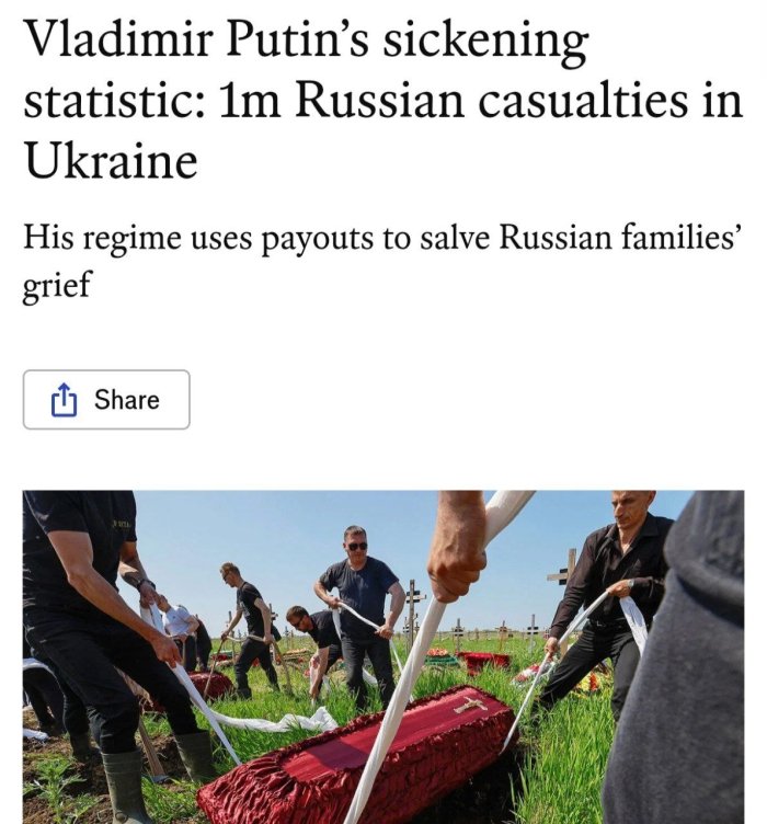 Путиннинг даҳшатли статистикаси: Россиянинг Украина урушдаги йўқотишлари 1 миллион кишидан ошган — The Economist 