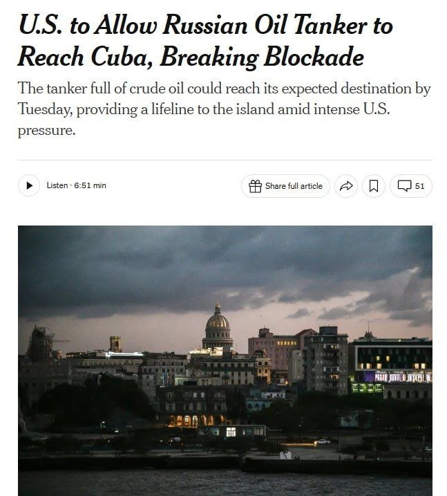 Россия нефт ташувчи танкери Кубага яқинлашди