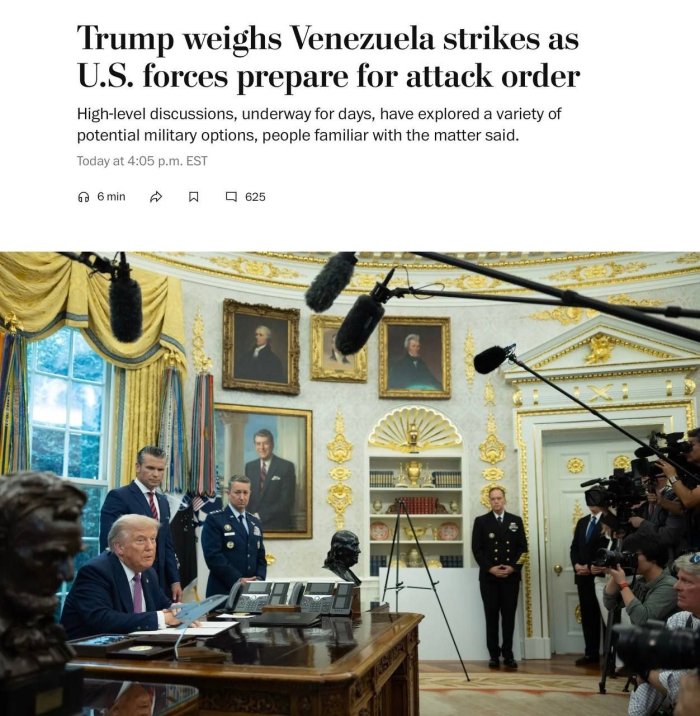 Tramp ma’muriyati Venesuelaga ehtimoliy harbiy zarbalar masalasini faol muhokama qilmoqda