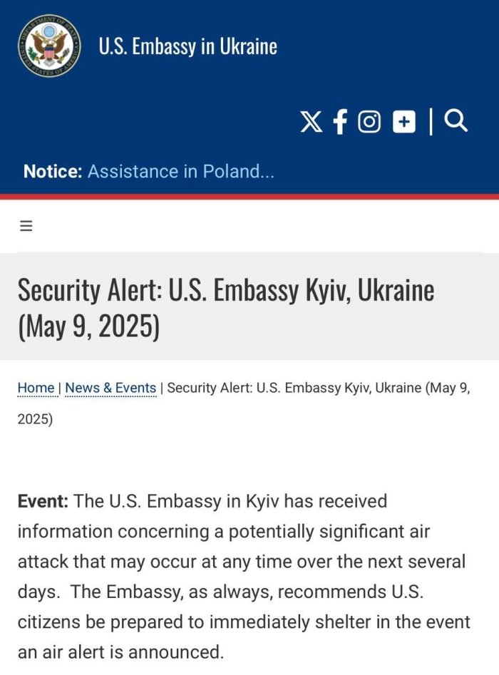 АҚШнинг Украинадаги элчихонаси яқин кунларда кенг кўламли ҳаво ҳужуми юз бериши хавфи ҳақида огоҳлантириш эълон қилди