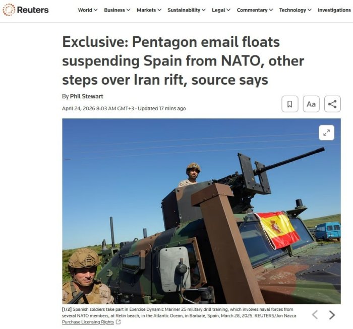 Пентагон Испаниянинг НАТОдаги аъзолигини тўхтатиш масаласини кўриб чиқмоқда