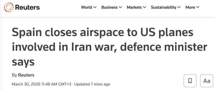 Испания Эронга зарба бераётган АҚШ самолётлари учун ўз ҳаво ҳудудини ёпди – Reuters