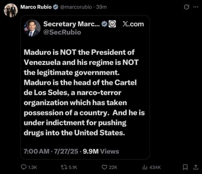 Maduro Venesuela prezidenti emas, balki narkokartel rahbaridir — AQSh davlat kotibi 