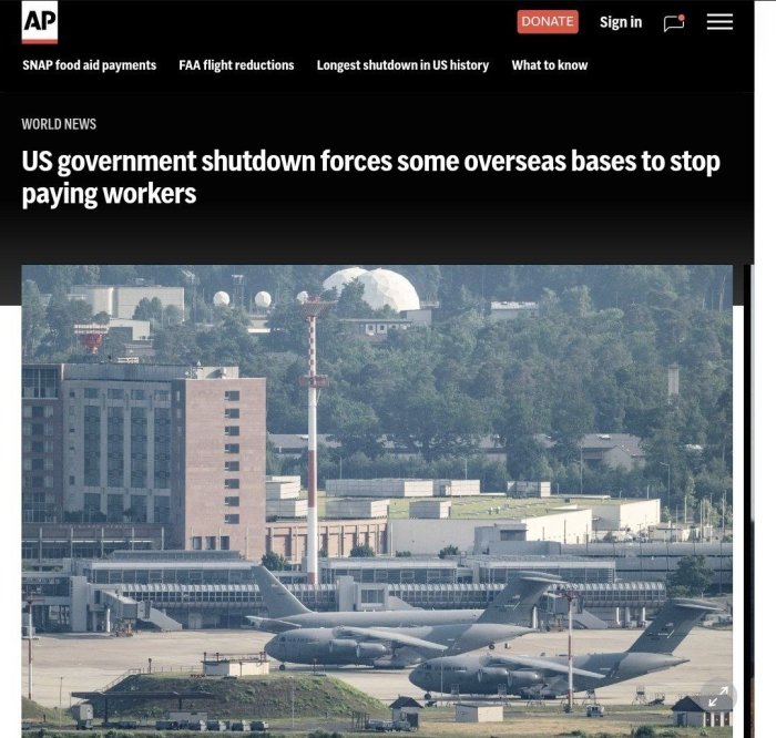 Shatdaun sababli AQShning Yevropadagi harbiy bazalarida ishlovchi xodimlarga maosh to‘lash to‘xtatildi — Associated Press