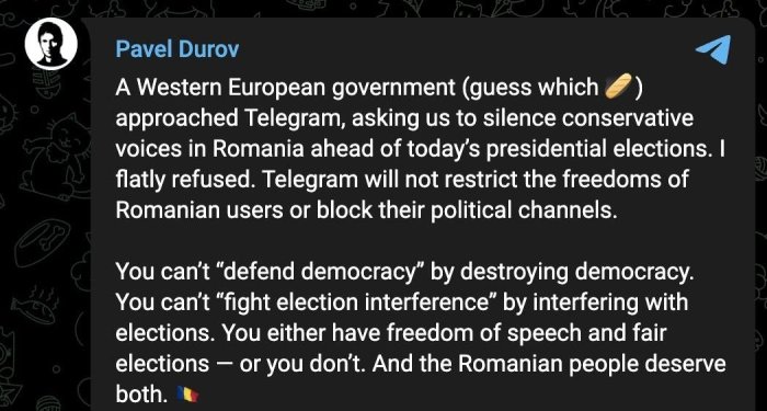 Ғарбий Европа ҳукуматларидан бири Telegram'дан Руминиядаги президентлик сайловлари олдидан консерватив овозларни ўчиришни сўради – Павел Дуров
