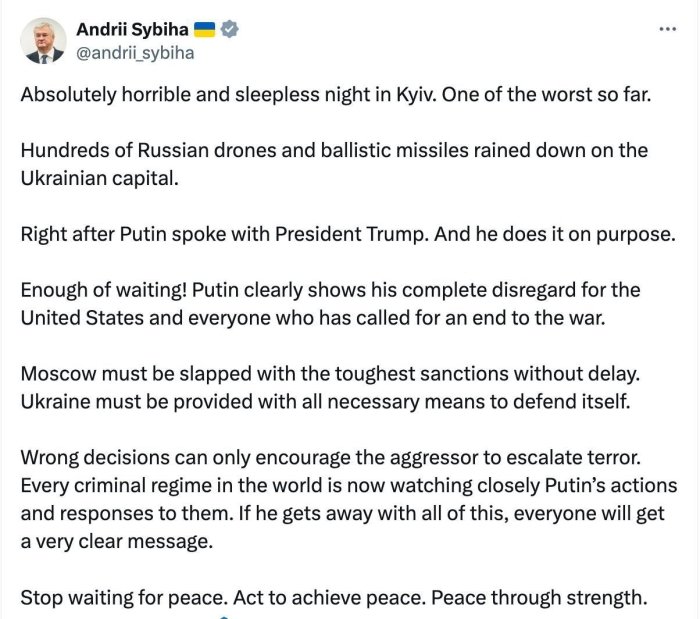  Украина ташқи ишлар вазири Киевга уюштирилган тунги ҳужумни Путин ва Трамп ўртасидаги кечаги суҳбат билан боғлади