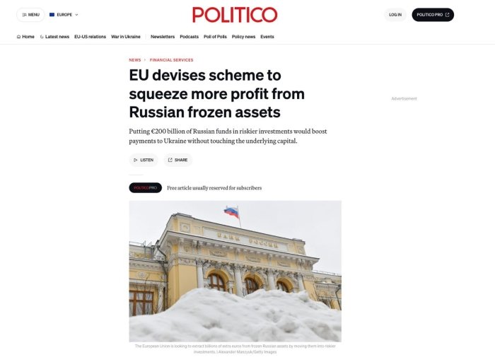 EI Rossiyaning muzlatilgan aktivlarini xavfliroq investisiyalarga yo‘naltirish rejasini ishlab chiqmoqda