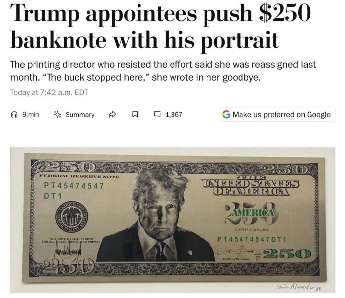  АҚШ Трампнинг портрети туширилган 250 долларлик банкнотни муомалага чиқармоқчи