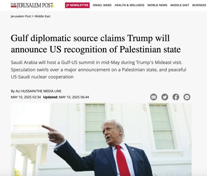 Diplomatik manba: Tramp Falastinni tan olishi mumkin 
