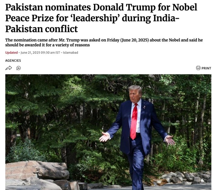 Pokiston Trampga 2026 yilda Nobel Tinchlik mukofotini berishni taklif qildi