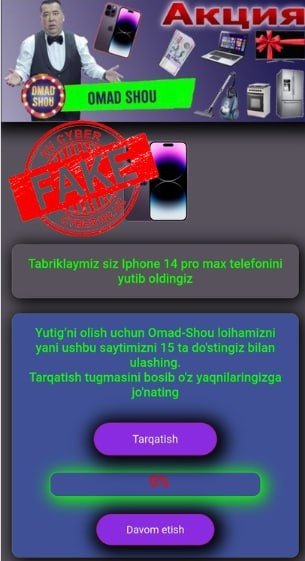 “Siz Iphone 14 Pro Max ютиб олдингиз” – ёлғон умид ортидаги хавф