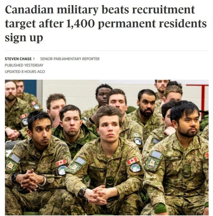 Канадада армияга қабул сўнгги 30 йилдаги энг юқори даражага чиқди