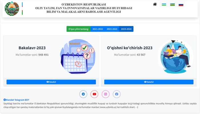 O‘qishni ko‘chirish bo‘yicha ma’lumotlar mandat.uzbmb.uz saytiga joylashtirildi
