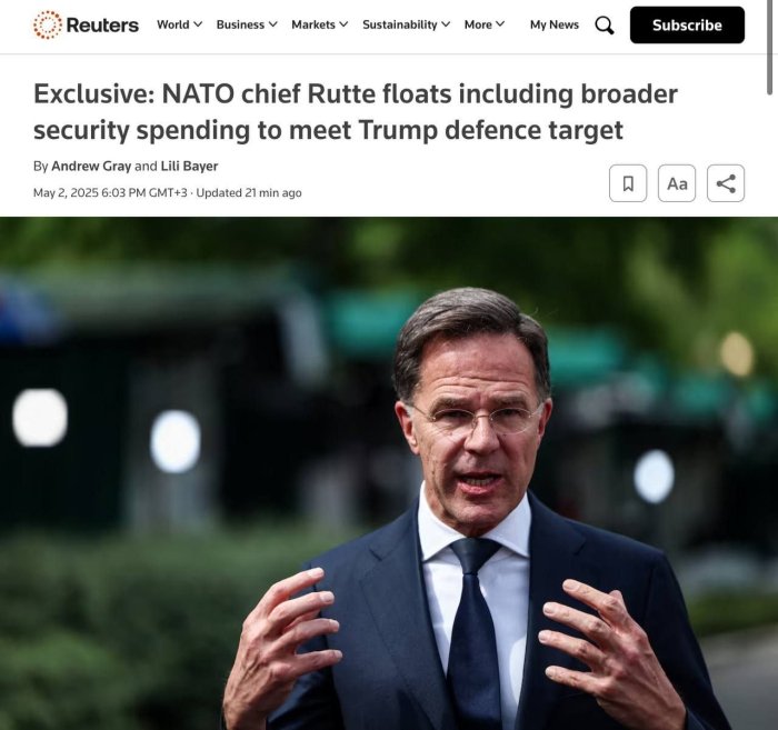 NATO Bosh kotibi Ryutte Gaagadagi sammitda Trampga alyans davlatlarining harbiy xarajatlarini YAIMning hozirgi 2 foizidan 5 foizigacha oshirish bo‘yicha “ikki bosqichli reja”ni taklif qiladi 