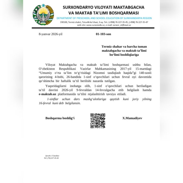 1-sinf o‘quvchilari uchun qo‘shimcha ta’til sanasi tavsiya etildi