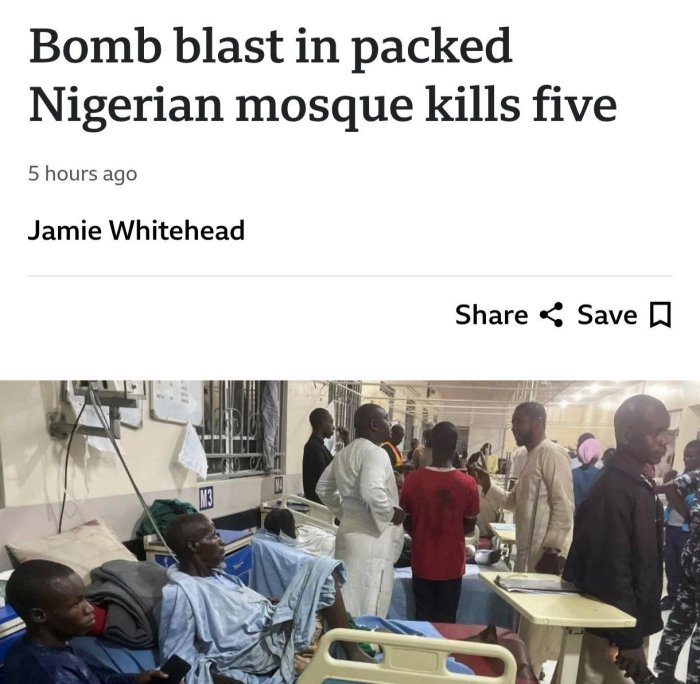 Nigeriyadagi masjidda yuz bergan portlash oqibatida 7 kishi halok bo‘ldi — BBC