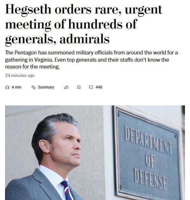 Пит Ҳегсет юзлаб генерал ва адмиралларни фавқулодда йиғилишга чақирди