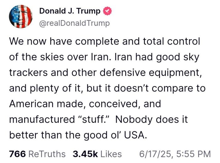 Трамп Эроннинг ҳаво ҳужумлари тўлиқ назоратга олинганини маълум қилди