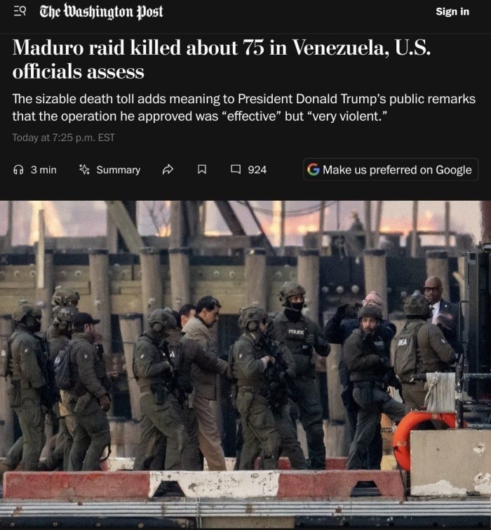  АҚШнинг Венесуэлага ҳужуми оқибатида 100 киши ҳалок бўлган