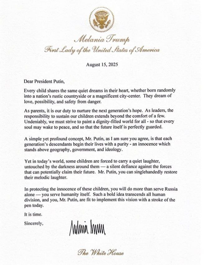 AQSh prezidentining turmush o‘rtog‘i Melaniya Tramp Vladimir Putinga maktub yo‘lladi