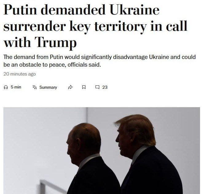 Путин Трамп билан суҳбат чоғида яна Украинадан Донбассни топширишини талаб қилди — The Washington Post 