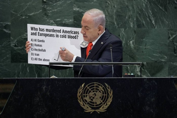 Netanyahu BMT Bosh Assambleyasidagi chiqishida “viktorina” o‘tkazdi