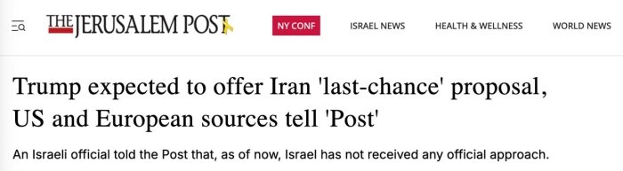 Tramp Eronni "oxirgi imkoniyat" taklifi bilan ogohlantiradi, rad etilsa AQSh hujumlarga qo‘shilishi mumkin — The Jerusalem Post
