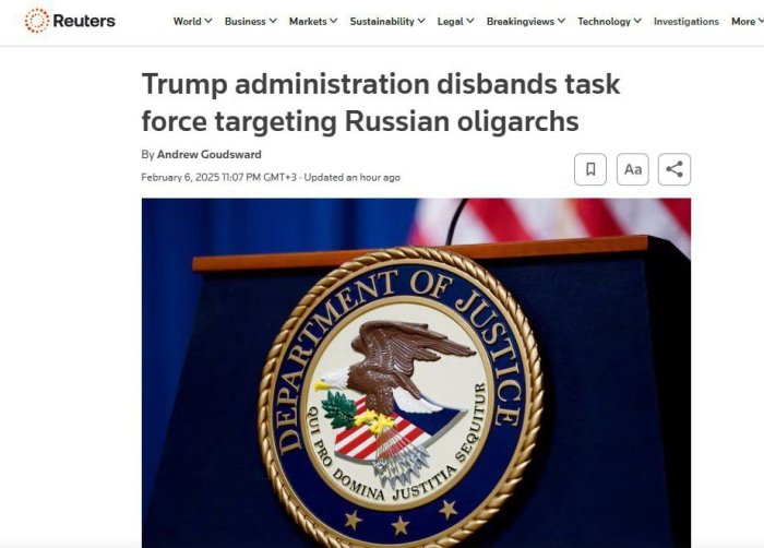 Трамп маъмурияти россиялик олигархларга қарши кураш гуруҳи фаолиятини тўхтатди