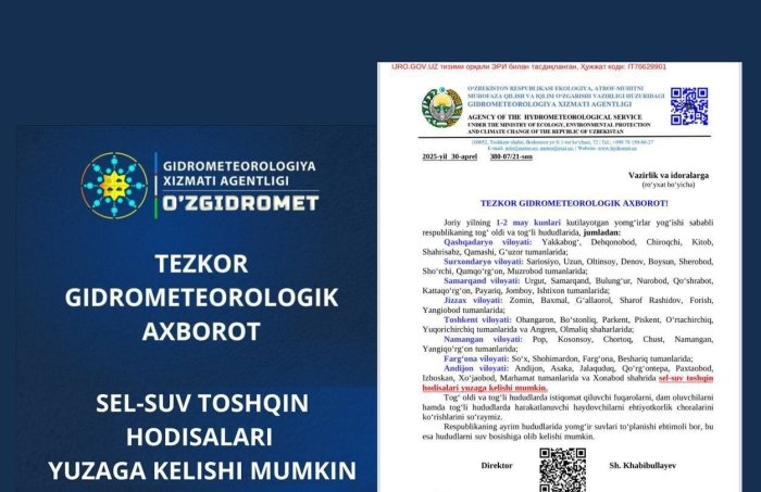 Vodiyda sel kelish xavfi e’lon qilindi