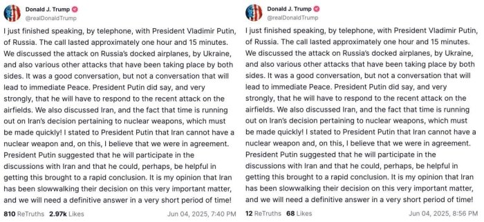 Tramp Truth Social ijtimoiy tarmog‘idagi sahifasiga Putin bilan suhbat haqidagi postini qayta joyladi