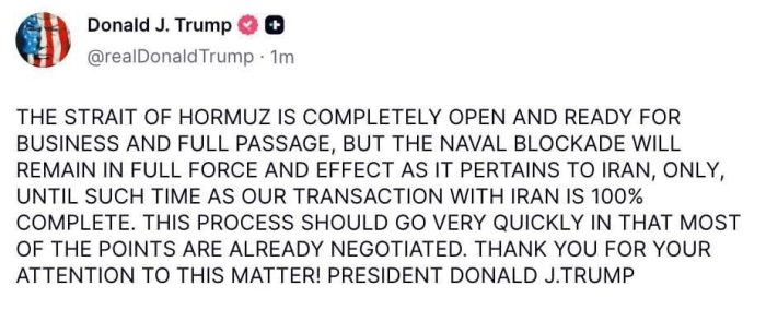 Ho‘rmuz bo‘g‘ozidagi dengiz blokadasi davom etadi – AQSh prezidenti