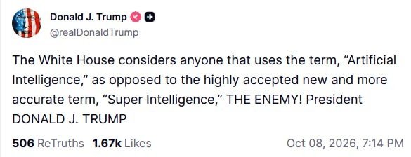 Трамп «сунъий интеллект» атамасини ишлатганларни душман деб атади