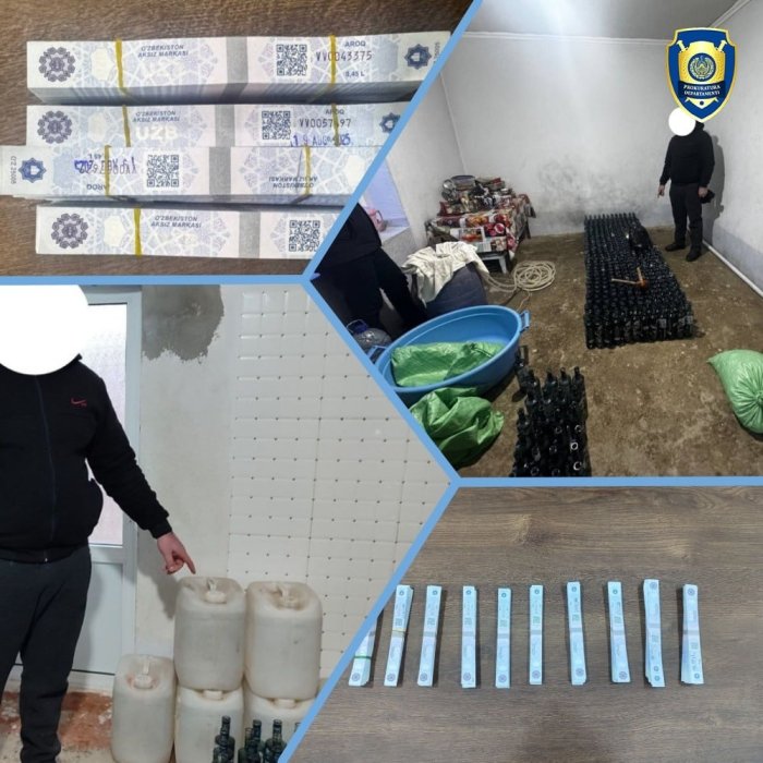 Қашқадарё вилоятида яширин ароқ цехидан 1 813 дона қалбаки акциз марка ва бошқа маҳсулотлар ашёвий далил сифатида олинди