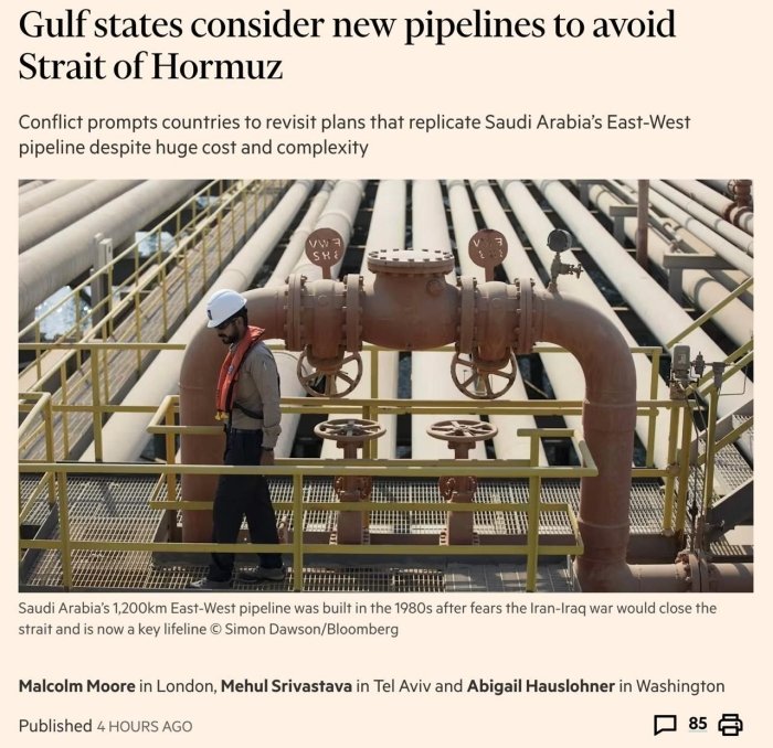 Fors ko‘rfazi davlatlari bo‘g‘ozni aylanib o‘tuvchi yangi quvurlar qurmoqchi